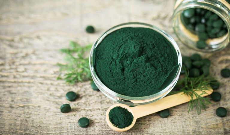 Spirulina tablets and powder in bowls Spirulina tablets and powder in bowls