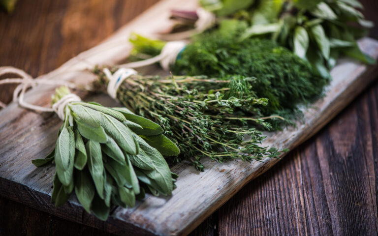 Basil,sage,dill,and thyme herbs on wooden board preparing for winter drying