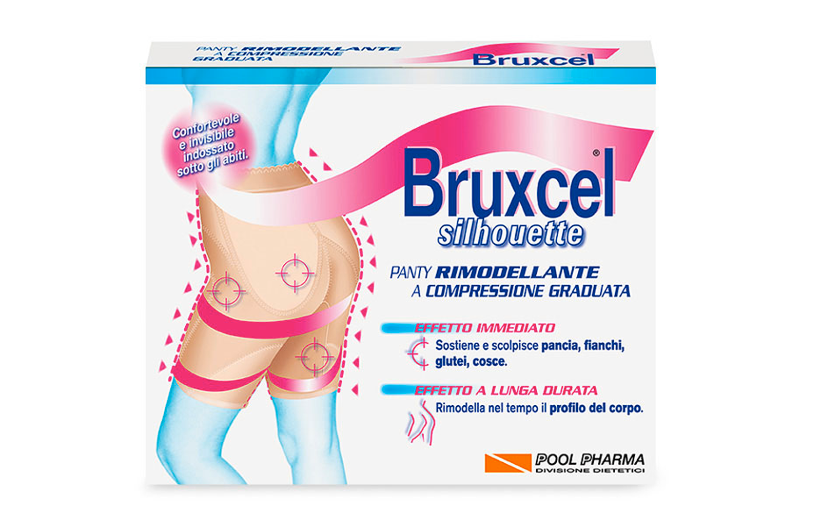 Una guaina invisibile che mentre sostiene addome, glutei, cosce e fianchi esercita una compressione graduata per un micromassaggio continuo che stimola la circolazione. E’Bruxcell Silhouette Panty Rimodellante di Pool Pharma (farmacia, 79 euro).