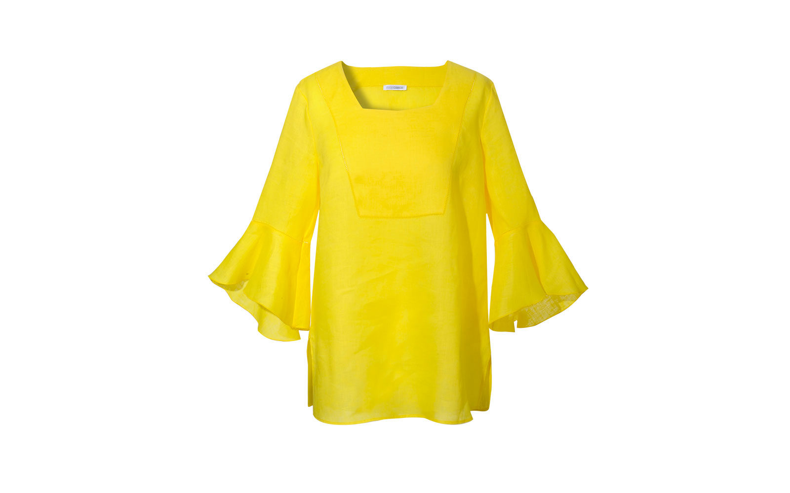 NARACAMICIE blusa in lino giallo, con maniche a forma di fiore. 79 euro       www.naracamicie.com