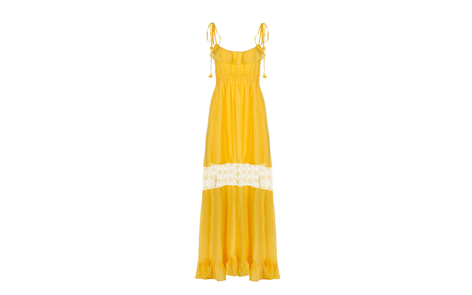 CRISTINAEFFE abito lungo “giallo sole” con inserto in pizzo. 299 euro      www.cristinaeffe.com