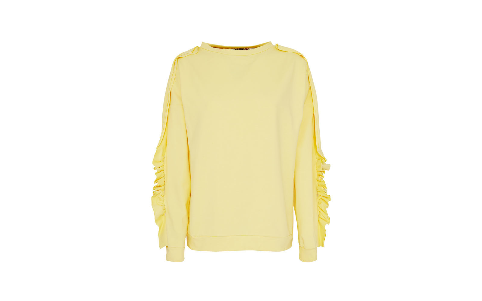 FLO’REIZA felpa in cotone giallo canarino, con ruches sulle maniche. 39,95 euro  www.floreiza.it