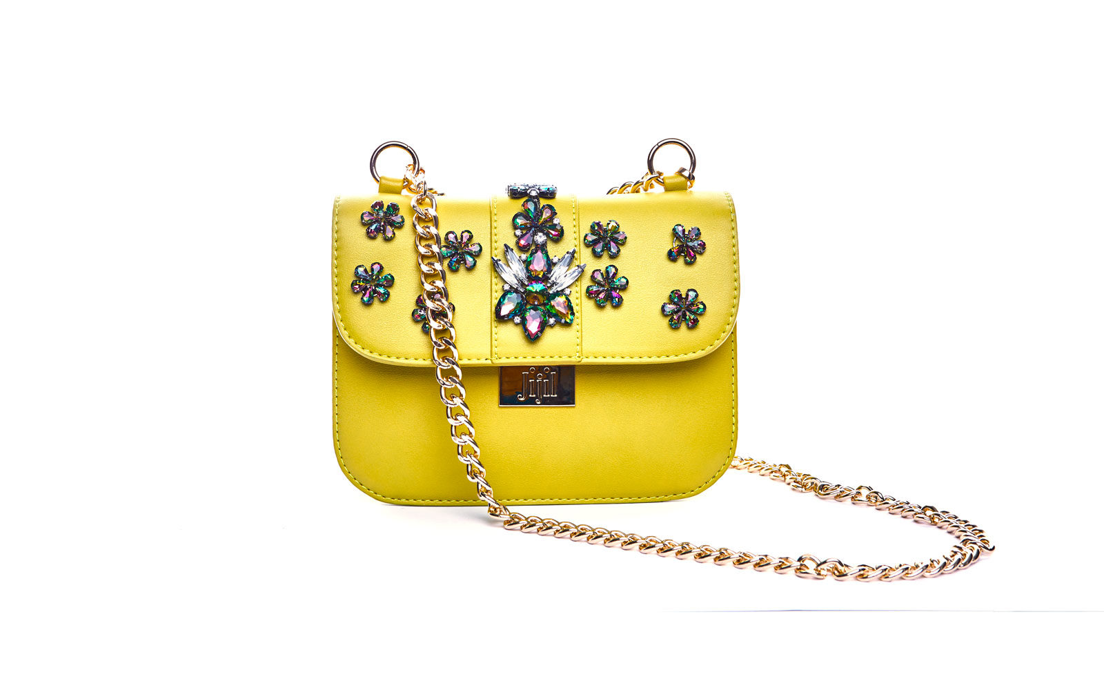 JIJILL borsa piccola in ecopelle giallo e applicazioni in strass. 189 euro      www. jijil.it