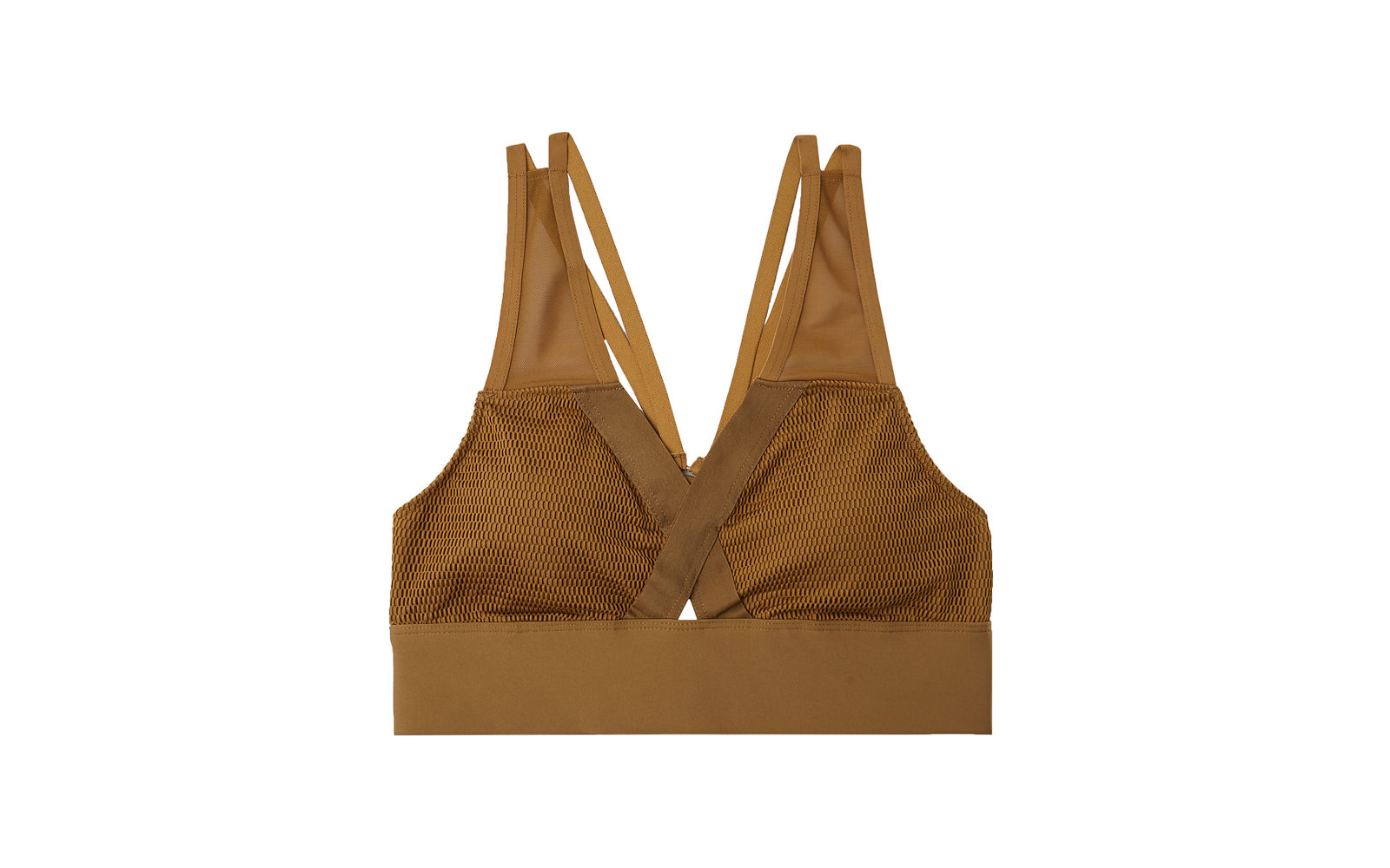 Oysho Gymwear Metals, bra tecnico con morbida fascia di sostegno e gioco di incroci, euro 29,99