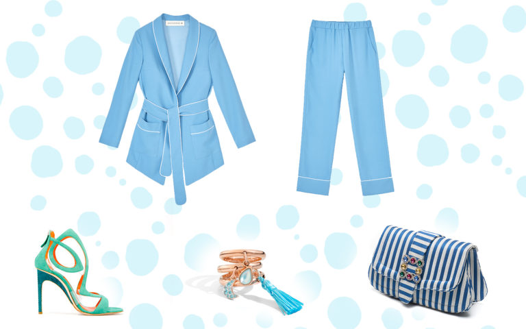 Look da aperitivo: Giacca pijiama in inverse satin turchese Shirtaporter (euro 266); Pantalone pijiama in colore turchese Shirtaporter (euro 174); Sandalo in pelle e camoscio verde acqua Damiano Marini (euro 610); Borsa in tessuto a righe e applicazioni in cristallo Tipi e Tacchi (euro 229); Anelli componibili in oro rosa e charm, vetro riciclato e maderperla (euro 170), charm luna in oro rosa, topazi blu e nappina (euro 260) Look da aperitivo: Giacca pijiama in inverse satin turchese Shirtaporter (euro 266); Pantalone pijiama in colore turchese Shirtaporter (euro 174); Sandalo in pelle e camoscio verde acqua Damiano Marini (euro 610); Borsa in tessuto a righe e applicazioni in cristallo Tipi e Tacchi (euro 229); Anelli componibili in oro rosa e charm, vetro riciclato e maderperla (euro 170), charm luna in oro rosa, topazi blu e nappina (euro 260)