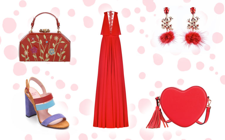 Look da sera: Abito lungo rosso ciliegia Feleppa (euro 349); Sandalo a fasce in suede e nappa Tipi e Tacchi (euro 329) Minibag in vernice rossa con decoro floreale e chiusura gioiello Valentino Orlandi (euro 510); Borsina rossa dalla forma a cuore Carpisa (euro 19,95); Orecchini “Frog” con visone rosso Post Scriptum Jewels (euro 110) Look da sera: Abito lungo rosso ciliegia Feleppa (euro 349); Sandalo a fasce in suede e nappa Tipi e Tacchi (euro 329) Minibag in vernice rossa con decoro floreale e chiusura gioiello Valentino Orlandi (euro 510); Borsina rossa dalla forma a cuore Carpisa (euro 19,95); Orecchini “Frog” con visone rosso Post Scriptum Jewels (euro 110)