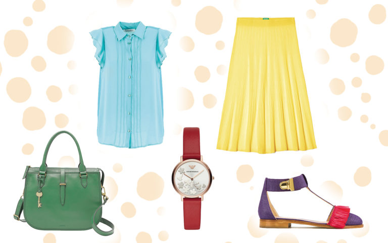 Look da ufficio: Camicia plissettata turchese CafèNoir (euro 59); Gonna plissettata giallo limone United Colors of Benetton (euro 49,95); Borsa in pelle verde Fossil (euro 219); Scarpe in pelle e raffia colorata Trenta7 (euro 340); Orologio con cinturino in pelle rossa e quadrante silver (euro 199). Look da ufficio: Camicia plissettata turchese CafèNoir (euro 59); Gonna plissettata giallo limone United Colors of Benetton (euro 49,95); Borsa in pelle verde Fossil (euro 219); Scarpe in pelle e raffia colorata Trenta7 (euro 340); Orologio con cinturino in pelle rossa e quadrante silver (euro 199).