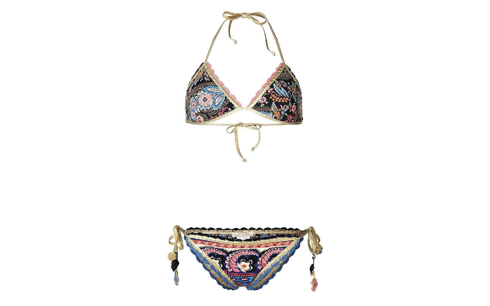 Stile boho-chic per il bikini con dettagli ricamati all’uncinetto e interno in tinta unita di Anjuna, reversibile (315 euro).