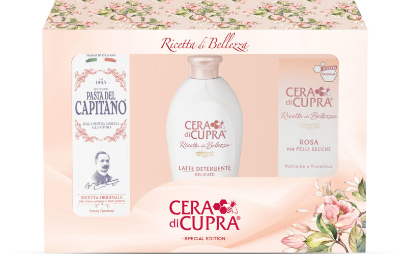 Per le amanti della tradizione il cofanetto Cera di Cupra con il Latte Detergente, la Crema Rosa per pelli secche e Pasta del Capitano 1905 nella ricetta originale (grande distribuzione, 9,99 euro).