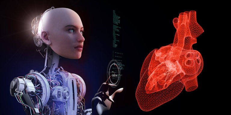 The robot doctor is examining the heart at the clinic. The future diagnosis of a heart problem. Nurse cyborg is controlling blood pressure.