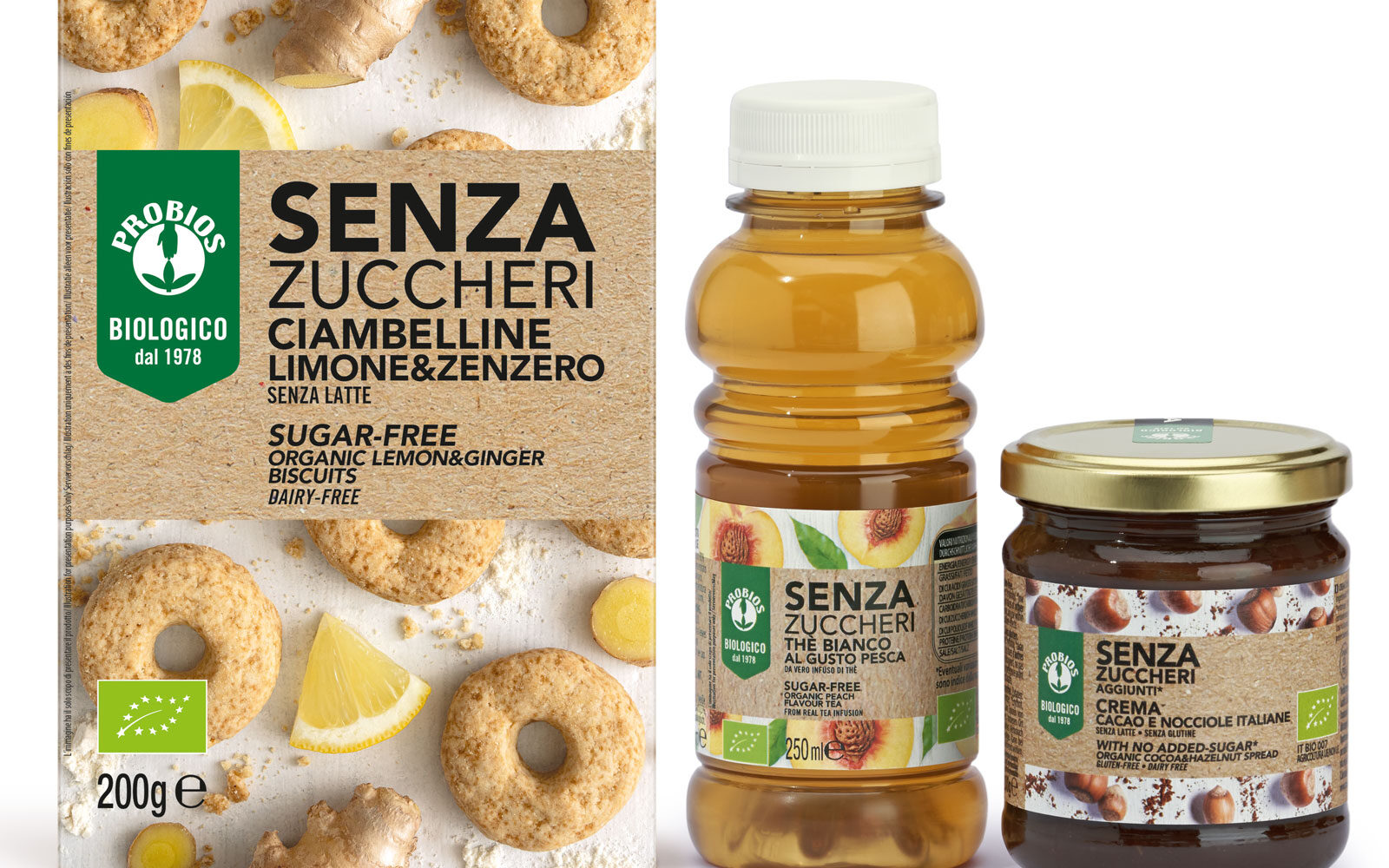 SENZA ZUCCHERI-Ciambelline limone&zenzero-Thè bianco al gusto pesca-Crema cacao e nocciole italiane