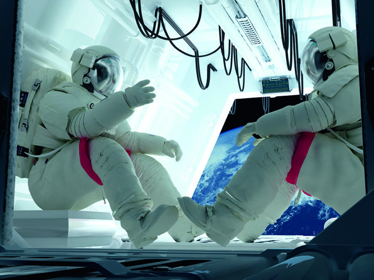 Group astronauts inside the spacecraft.