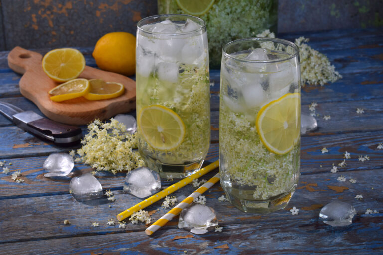 Elderberry flowers and lemon drink. Refreshing healthy summer juice. Glass of elderflower lemonade on wooden rustic board. Alternative medicine and therapy Elderberry flowers and lemon drink. Refreshing healthy summer juice. Glass of elderflower lemonade on wooden rustic board. Alternative medicine and therapy