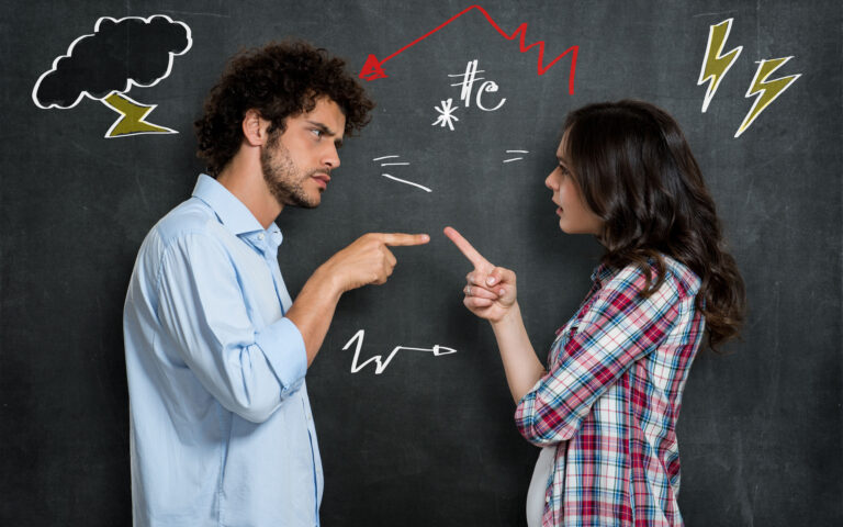 Discussion Between Guy And Girl Over Gray Background Discussion Between Guy And Girl Over Gray Background