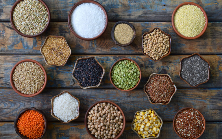 Gluten-free concept. Grains, cereals and seeds for baking. Millet, quinoa, corn, buckwheat, rice, amaranth, chickpea, coconut chia soy oats lentils Healthy food Top view