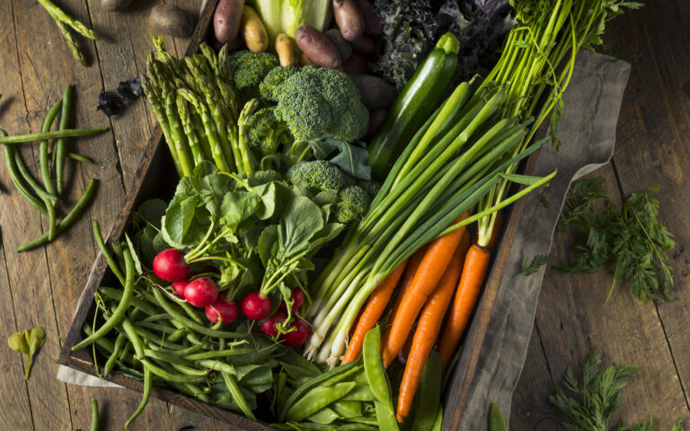 Raw Organic Spring Farmers Market Box with Asparagus Broccoli Kale Snow Peas and Green Onions