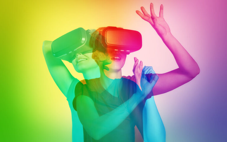 Young woman wearing VR headset and rainbow background. Virtual dating Young woman wearing VR headset and rainbow background. Virtual dating