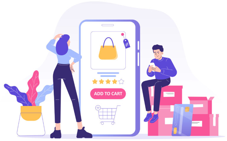 Online shopping service concept. Young woman and man customers sitting on boxes ordering with huge smartphone app. Ordering with online payment. Purchase. Shipping. Isolated stock vector illustration Online shopping service concept. Young woman and man customers sitting on boxes ordering with huge smartphone app. Ordering with online payment. Purchase. Shipping. Isolated stock vector illustration