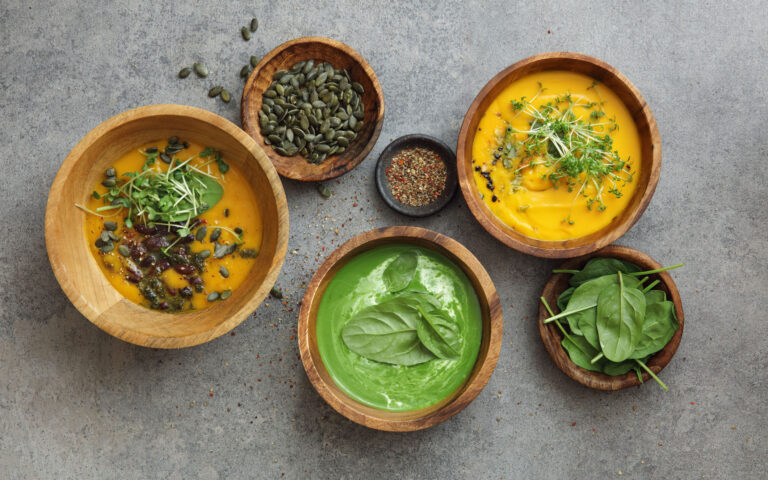 Vegetarian creamy broccoli spinach soup is topped with spinach leaves and pumpkin seeds. Gluten-Free creamy vegan carrot soup with coconut. Roasted pumpkin soup with beans. Vegetarian creamy broccoli spinach soup is topped with spinach leaves and pumpkin seeds. Gluten-Free creamy vegan carrot soup with coconut. Roasted pumpkin soup with beans.