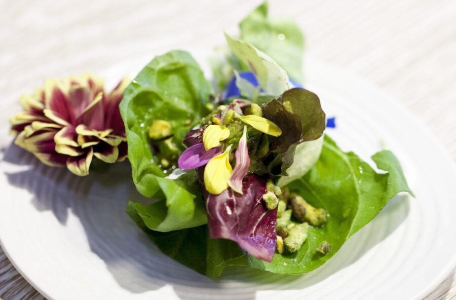 Picnic con il bouquet di insalate alla crema e granella di pistacchio americano