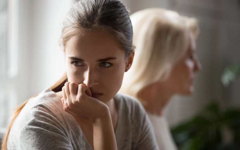 Offended millennial adult daughter and senior mother sit aside back to back avoid talking after fight, hurt stubborn two generations of women ignore each other after conflict, misunderstanding concept Offended millennial adult daughter and senior mother sit aside back to back avoid talking after fight, hurt stubborn two generations of women ignore each other after conflict, misunderstanding concept