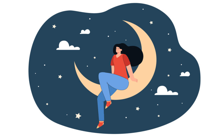 Woman relaxing with calm dreams at night. Girl with long hair sitting on crescent moon among stars and clouds in sky flat vector illustration. Good sleep, self love and care, wellbeing concept Woman relaxing with calm dreams at night. Girl with long hair sitting on crescent moon among stars and clouds in sky flat vector illustration. Good sleep, self love and care, wellbeing concept