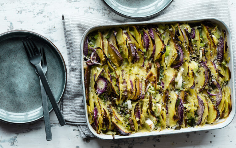 sformato di porro, patate e cipolla rossa