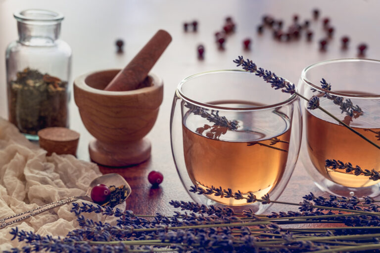 Cups of herbal tea with lavender and cranberries
