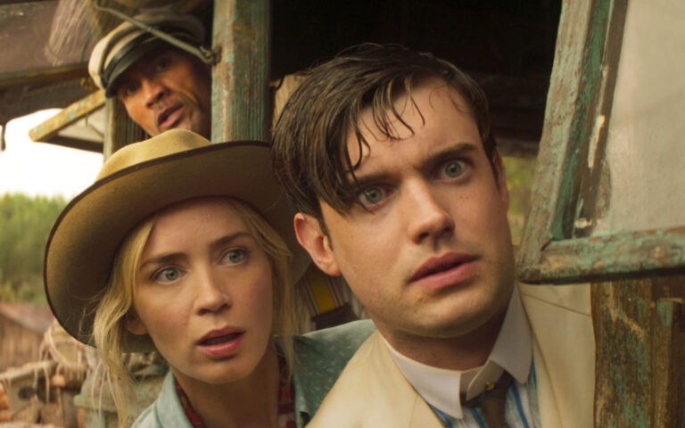 (L-R): Dwayne Johnson as Frank Wolff, Emily Blunt as Lily Houghton and Jack Whitehall as MacGregor Houghton in Disney’s JUNGLE CRUISE. Photo courtesy of Disney. © 2021 Disney Enterprises, Inc. All Rights Reserved.