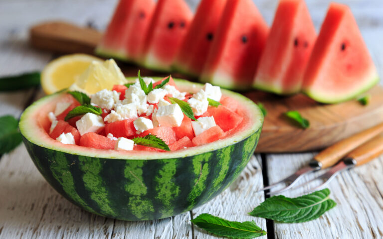 watermelon salad served in watermelon