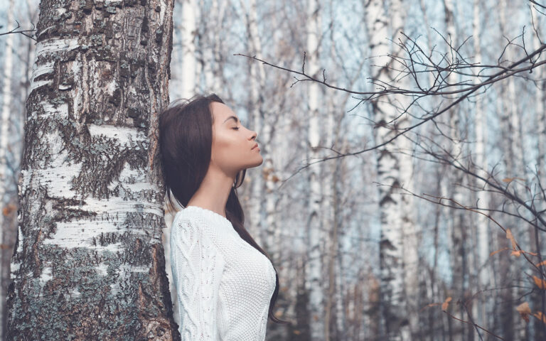 Outdoor fashion photo of young beautiful lady in a birch forest Outdoor fashion photo of young beautiful lady in a birch forest